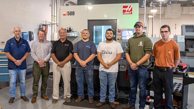 Haas Factory Outlet representative Ken Wawrzyniak, sales engineer, joins Pennsylvania College of Technology representatives in the college’s Automated Manufacturing Lab to celebrate a donation from the Gene Haas Foundation. From left are Richard K. Hendricks Jr., instructor of machine tool technology/automated manufacturing; Chris S. Macdonald, corporate relations officer; Wawrzyniak; and students Jason M. Stringfellow, of Jersey Shore; Nathan A. Rivera, of Temple; Jacob P. Eames, of Schwenksville; and Aust